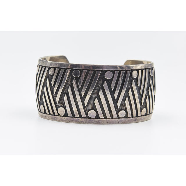 Geometric Mexican Sterling Silver Cuff Bracelet For Sale - Image 9 of 11
