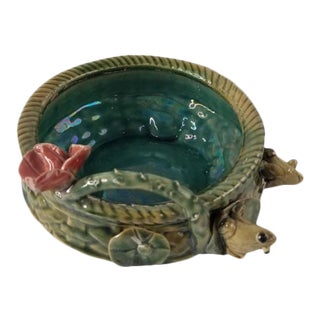1990s Majolica Frog Bowl and Lily Pad and Basket Planter Tromp L' Oeil For Sale