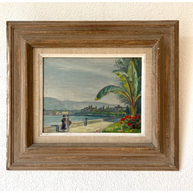 Swiss painter. This captivating painting features a serene scene on the shores of Lake Geneva. The painting depicts a...