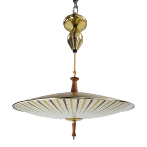 Large Mid-Century Brass & Frosted Glass Pull Retractable Saucer Pendant by Artolier