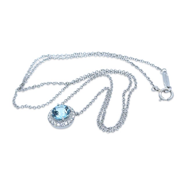 Silver Tiffany & Co. Platinum Soleste Aquamarine & Diamond Necklace 1.00ct 3.88g For Sale - Image 8 of 12