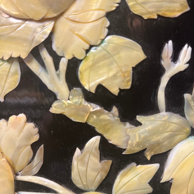 Pair of Vintage Chinese Hardstone Inlaid Black Lacquer Wall Plaques – Peacock & Floral – 36” For Sale - Image 9 of 12