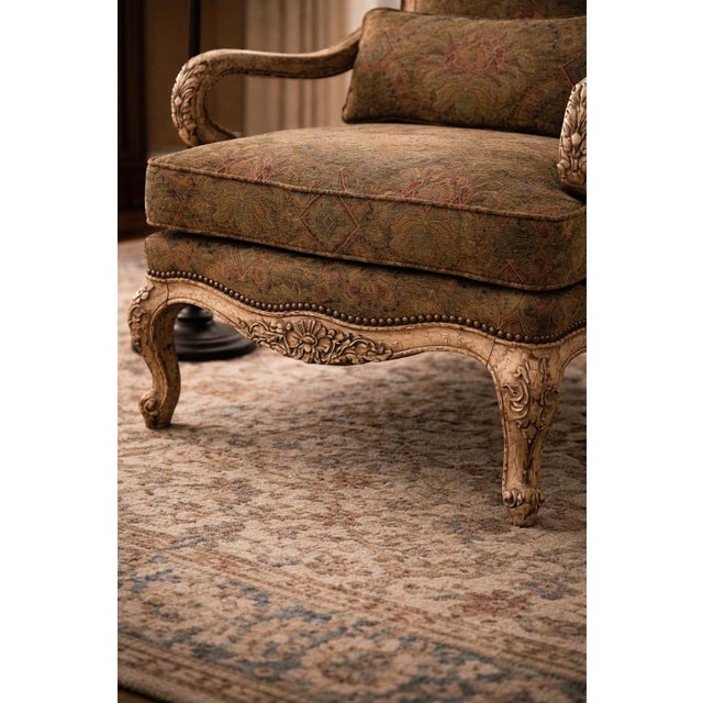 Chocolate Late 20th Century French Provincial Louis XV Style Carved Armchair by Thomasville With Antiqued Frame & Tapestry Upholstery For Sale - Image 8 of 10