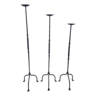 Hand Forged Iron Candelabra Set of 3 (93-113cm) Antique Copper Finish Barley Twist Stem with Arched Base For Sale