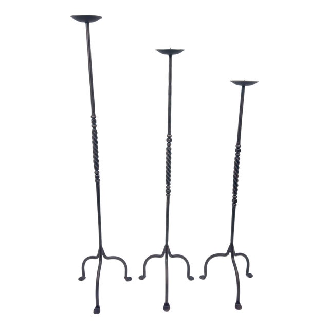 Hand Forged Iron Candelabra Set of 3 (93-113cm) Antique Copper Finish Barley Twist Stem with Arched Base For Sale