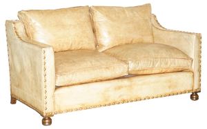 Edwardian Style Studded Hand-Dyed Heritage Brown Leather Two Seater Sofa