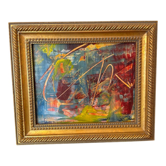 Vintage Abstract Expressionist Oil Painting in Ornate Gold Frame For Sale