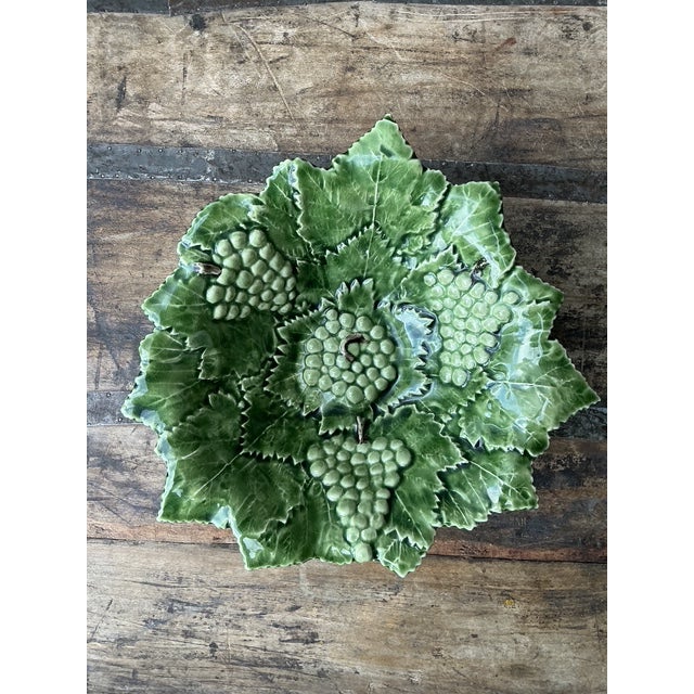 Vintage Portuguese Glazed Ceramic Grape Leaf Bowl For Sale - Image 4 of 12