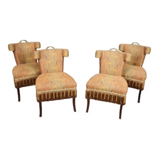 Set of 4 Paisley Upholstered Bronze Handled French Klismos Style Dining Side Chairs For Sale