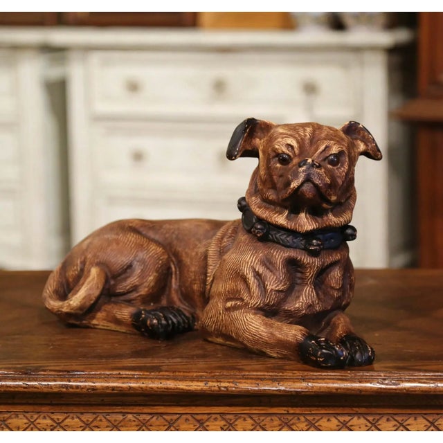 Mid-Century French Terracotta Dog Sculpture With Glass Eyes For Sale - Image 4 of 12