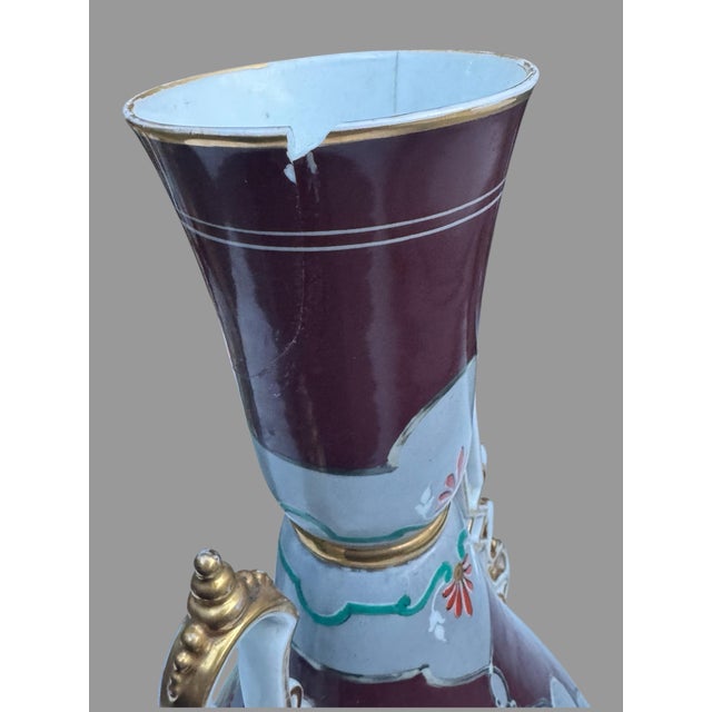 Old Paris Pair Antique 19” Hand Painted Gilt Decorated Old Pair Porcelain Portrait Handled Vases For Sale - Image 4 of 11