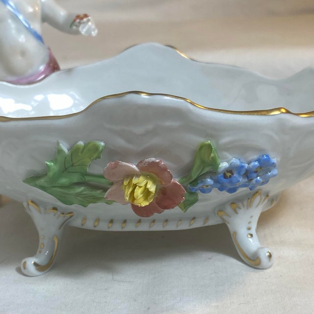 French Provincial Vintage Dresden Porcelain Footed Cherub Dresser Top Bowl For Sale - Image 3 of 12