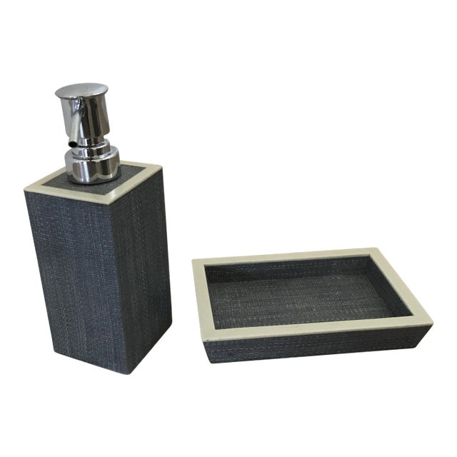 Maranello Steel Blue/White Soap Dish and Soap Pump - 2 Pieces For Sale