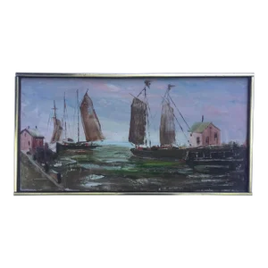 Vintage Painting, Harbor Sailboats, Oil on Canvas, Mid 20th Century, Framed