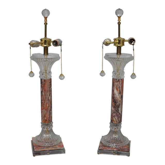 Pair of Tall Marble & Crystal Column Table Lamps For Sale