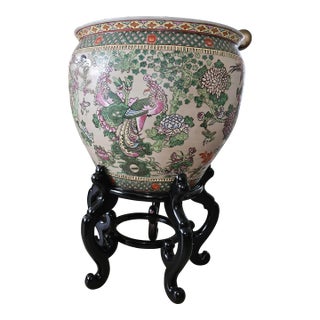 Chinese Fish Bowl Planter Monumental Pot, Ebony Stand - Porch, Patio, Sunroom, Decor Centerpiece For Sale