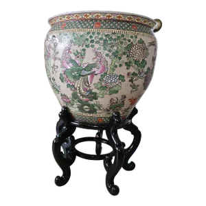 Chinese Fish Bowl Planter Monumental Pot, Now on Ebony Stand - Porch, Patio, Sunroom, Decor Centerpiece