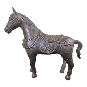 Vintage Cast Metal Horse Sculpture With Ornate Saddle Detailing