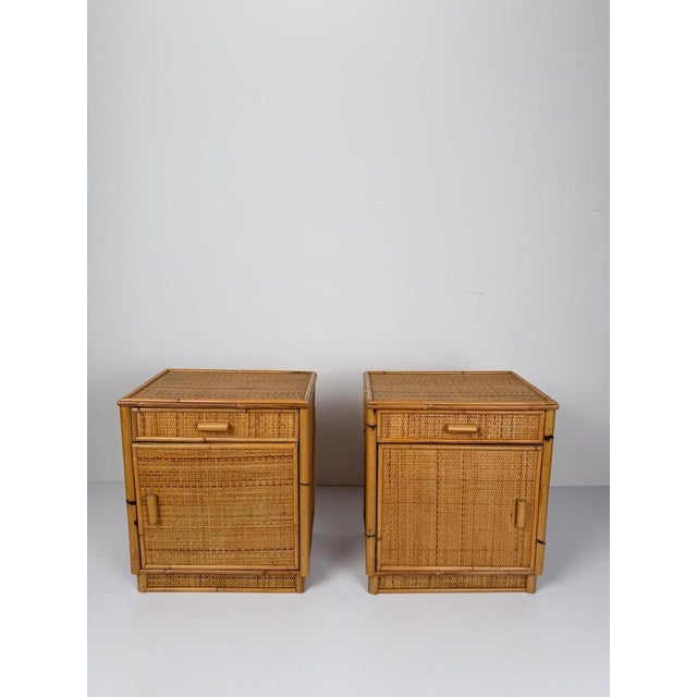 Mid-Century Modern Italian Bamboo and Woven Cane Nightstands, 1960s, Set of 2 For Sale - Image 3 of 18