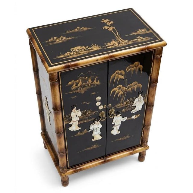 Vintage Black Lacquer & Faux Bamboo Chinoiserie Narrow Accent Cabinet With Mother-of-Pearl Inlay For Sale - Image 10 of 10