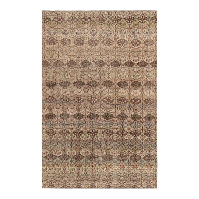Vintage Turkish Rug, Beige-Brown and Blue Geometric Floral Pattern - Rug & Kilim For Sale
