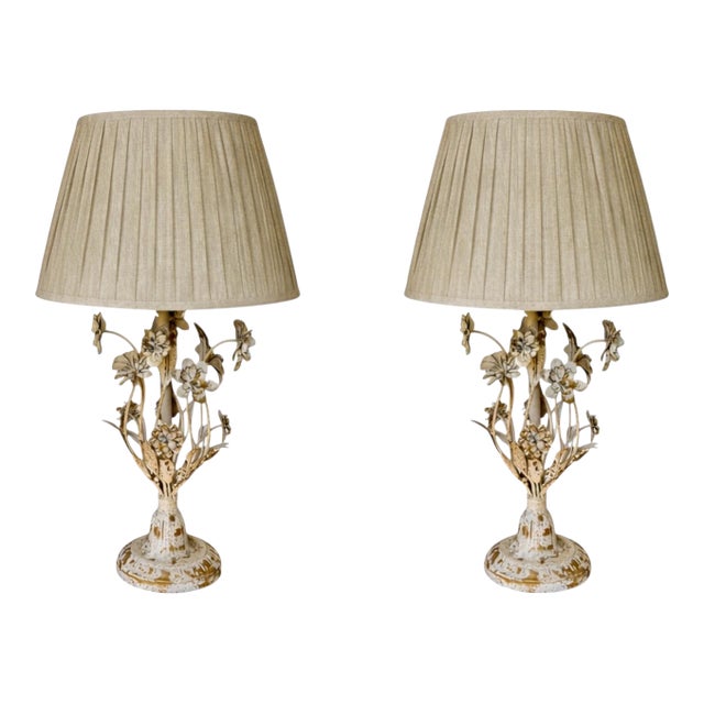 French Style Painted Floral Tole Lamps W/ Linen Pleated Shades Like New - Pair For Sale