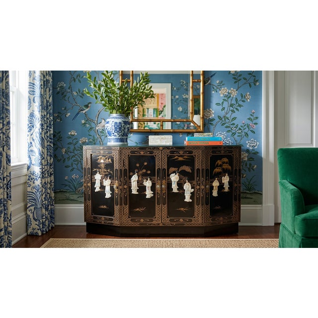 Vintage Chinoiserie Black Lacquer Mother-of-Pearl Four-Door Sideboard For Sale - Image 9 of 12