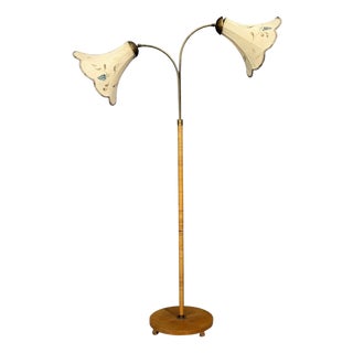 1940s Swedish Modern, Floor Lamp, Rattan, Elm, Fabric For Sale