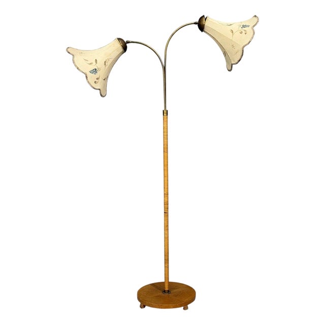 1940s Swedish Modern, Floor Lamp, Rattan, Elm, Fabric For Sale