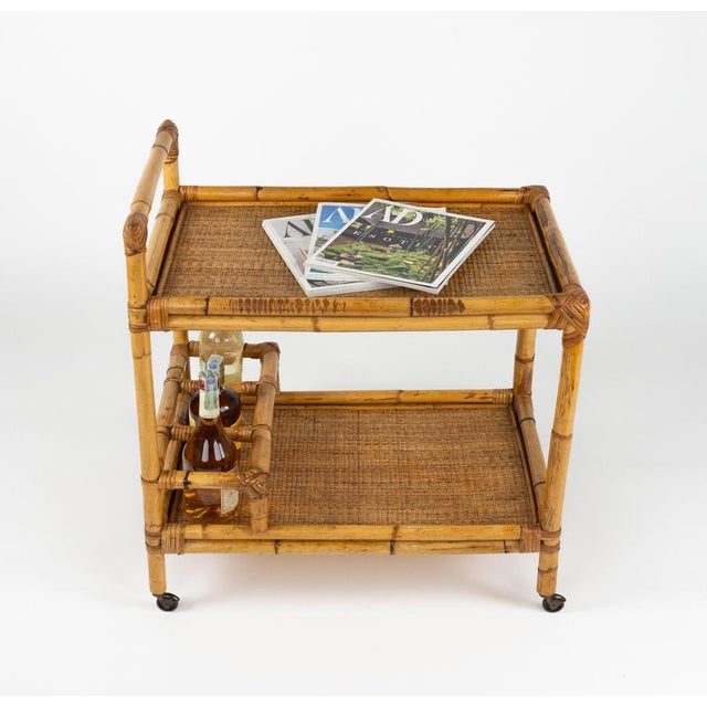1960s Mid-Century Modern Bamboo and Rattan Serving Bar Cart, Italy, 1960s For Sale - Image 5 of 17