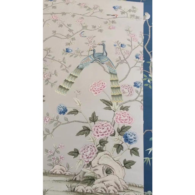 Chinoiserie Hand Painted Chinoiserie Peacock Peony Botanical Wallpaper Panels, Soft Pastel Oriental Floral Wall Mural For Sale - Image 3 of 7