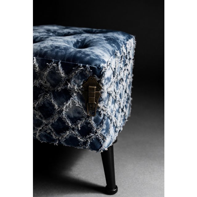 Late 20th Century Late 20th Century Indigo Tie-Dye Upholstered Ottoman / Footstool With Tufted Top and Distressed Textile Finish – Boho Accent Stool For Sale - Image 5 of 6