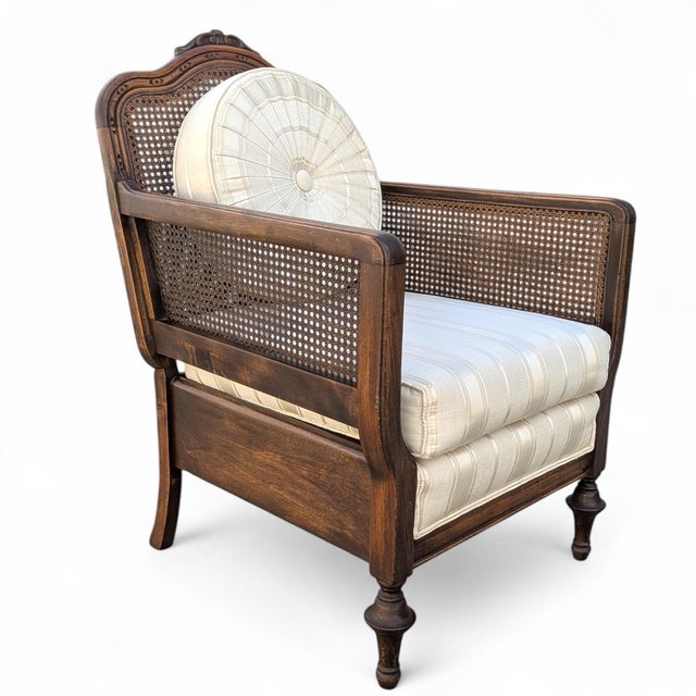 Wood Late 20th Century French Provincial Cane Armchair With Striped Upholstery For Sale - Image 7 of 14