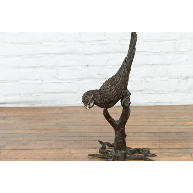A bronze lost wax cast statue of a parrot leaning on a tree branch with dark patina. Created with the traditional...