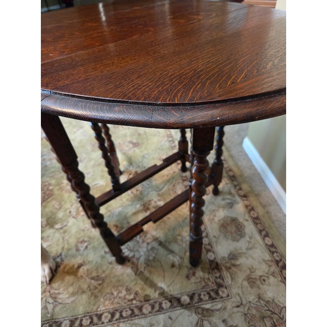 Antique English Table Drop Leaf Gateleg Barley Twist Oak Medium End Table Oval For Sale - Image 11 of 17