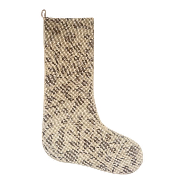 Two-Tone Vintage Kilim Christmas Stocking, Cream & Chocolate Wool, 11.8 X 17.7 in – Minimalist One of a Kind Decor For Sale
