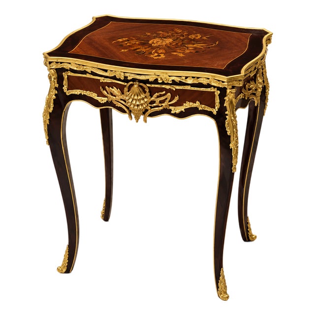 French-Style Accent Side Table – Glass Top With Ornate Bronze Frame & Gold Leaf Details For Sale