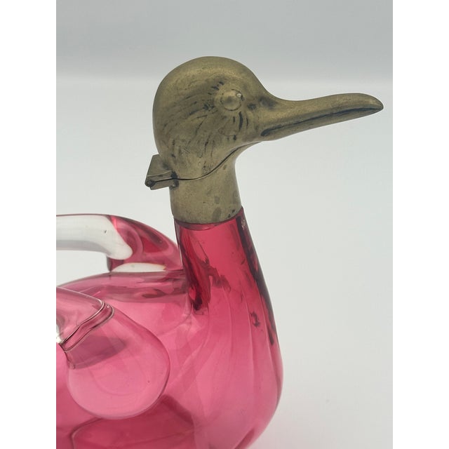 1950s Mid‑Century Modern Czech Art Glass Duck Decanter With Brass Hinged Head — Pink & Clear Wings For Sale - Image 4 of 6