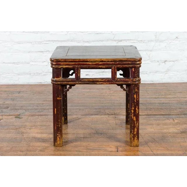 Asian 19th Century Chinese Qing Dynasty Side Table with Carved Spandrels & Distressed Finish For Sale - Image 3 of 13
