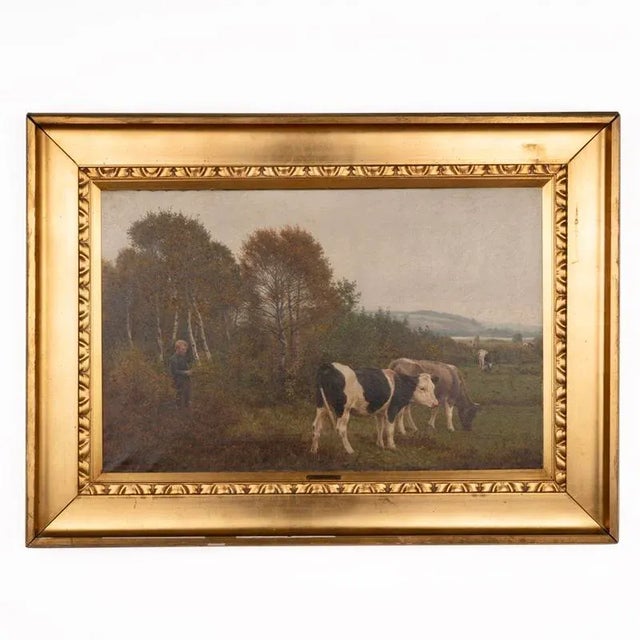 Green Large Original Oil on Canvas Antique Painting of Boy & Cows, Signed P. Steffenson For Sale - Image 8 of 8