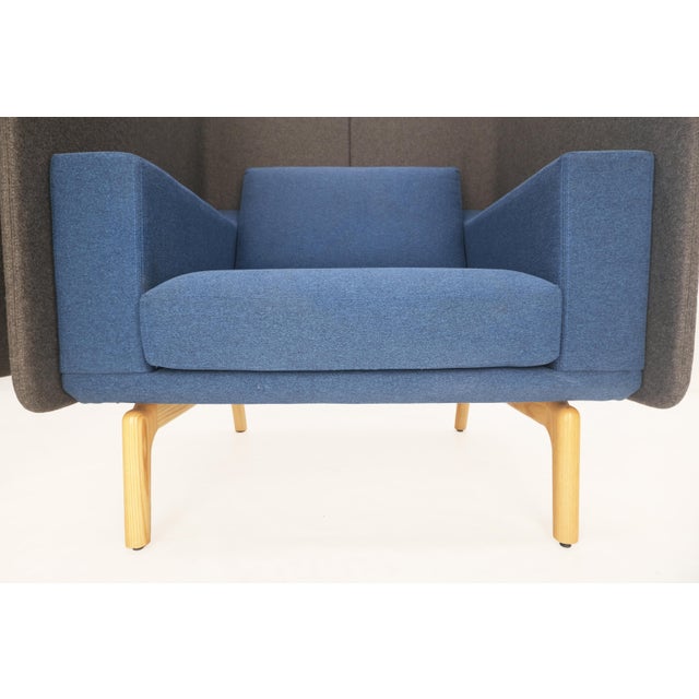 1970s Mid Century Modern Wingback Lounge Chairs Blue Grey Wool Upholstery - A Pair For Sale - Image 5 of 12