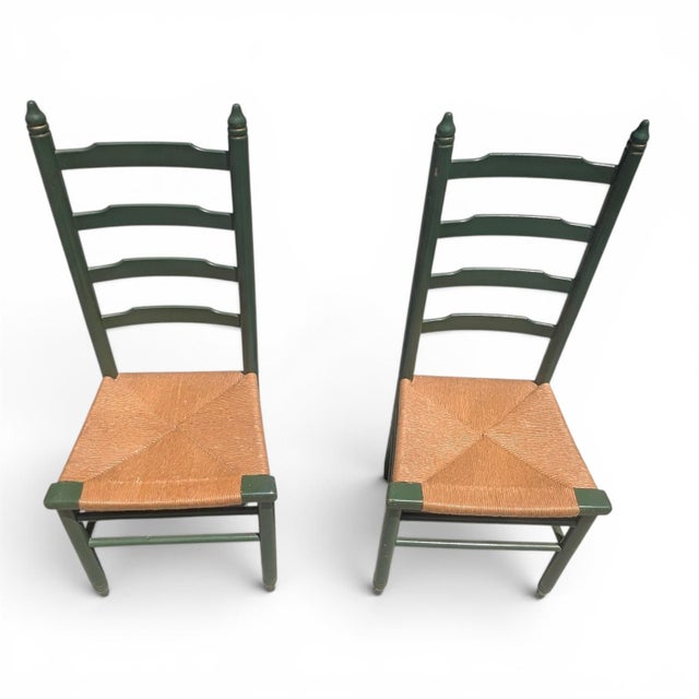 Vintage Rustic Farmhouse Green Ladderback Chairs With Rush Seats- A Pair For Sale - Image 12 of 15