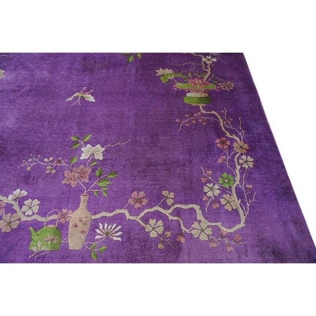 1920s Antique Purple Vase Bird Chinese Handknotted Art Deco Wool Room Size Rug For Sale - Image 4 of 9