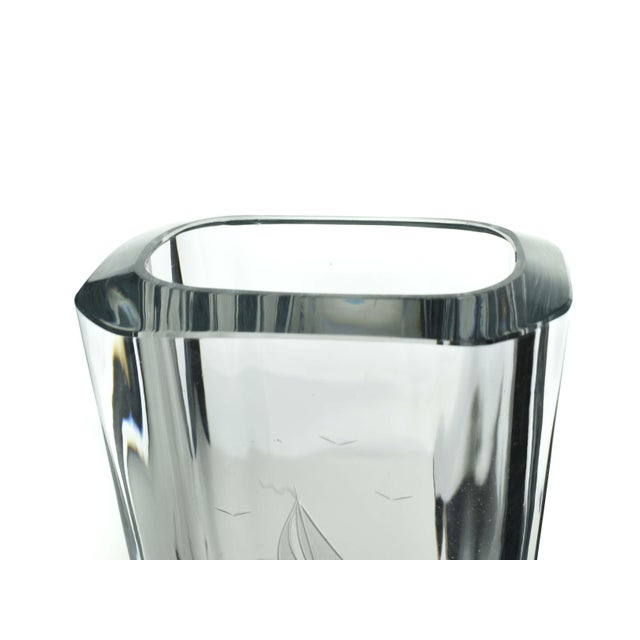 Strombergshyttan Mid-Century Modern Hand-Blown Glass Swedish Hand-Engraved Crystal Sailboat Vase by Strömbergshyttan Signed For Sale - Image 4 of 8