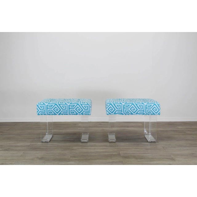 Acrylic Waterfall Benches With Geometric Upholstery - A Pair For Sale - Image 10 of 13