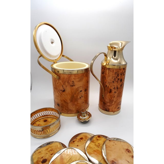 Italian Walnut Serving Set Including Tray, Ice Bucket, Thermos and Coasters, 1970s, Set of 4 For Sale - Image 9 of 18