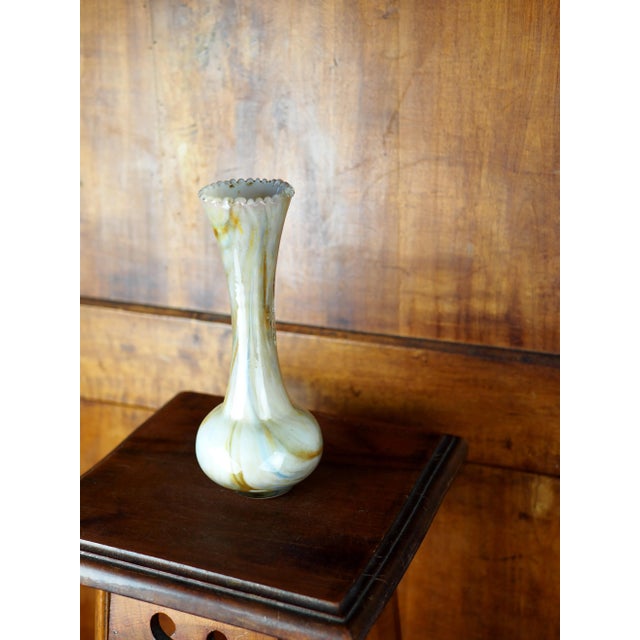 Metal 19th French Clichy Blown Glass Vase With Serrated Neck, Marbled White With Gold Inclusions For Sale - Image 7 of 11