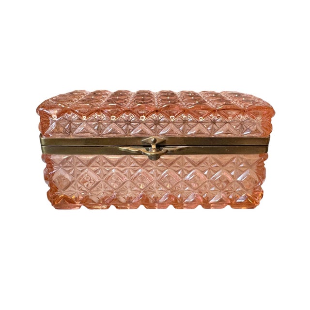 Large Antique Continental Pink Pressed Glass Jewelry Casket With Brass Mounts For Sale - Image 4 of 9