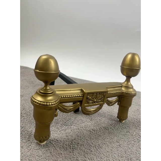 French Vintage French Louis XVI Brass Andirons With Acorn Finials & Swag Detail, a Pair For Sale - Image 3 of 9