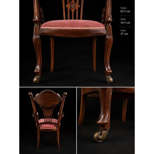 Brown Edwardian Mahogany & Satinwood Inlaid Armchair with Castors, 1905 For Sale - Image 8 of 9